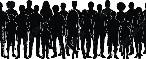 Large group of people silhouette standing, diverse men women and children, social community background, human team vector illustration, black graphic design.