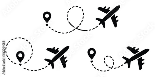 Air plane travel path silhouette with dotted route and destination pin, aviation journey map line illustration, flight navigation concept, tourism and vacation trip design