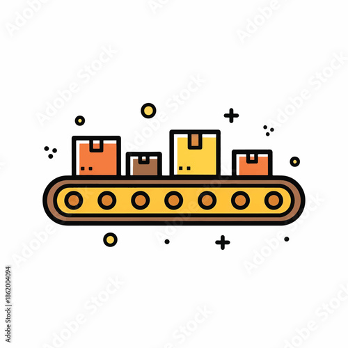 Illustration of a yellow conveyor belt carrying assorted cardboard boxes in flatly minimal line art