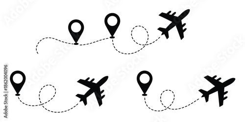 Air plane line path silhouette  with travel route to location pin, aviation journey concept, flight direction map trace, tourism navigation design, vacation trip symbol for travel