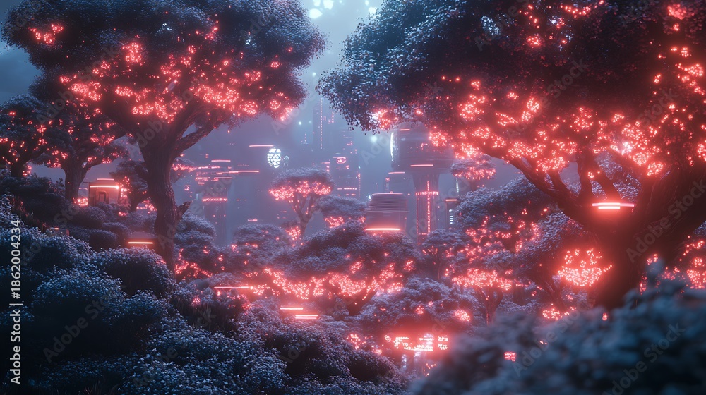 Fototapeta premium Neon Bloom: A Futuristic Forest Enshrouded in Ethereal Light and Digital Glow