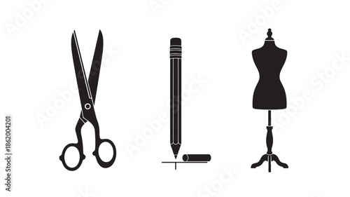 Fashion design tools in minimalist black silhouette on white background for apparel design