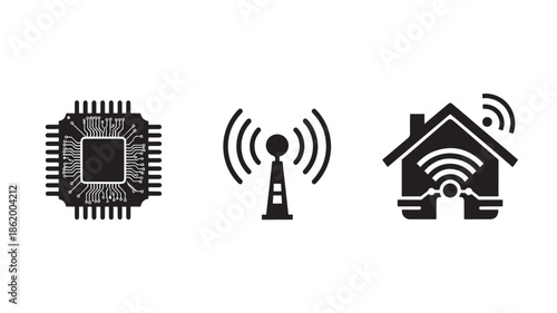 Microchip and wireless communication icons in simple flat design with black color on white background for technology illustration