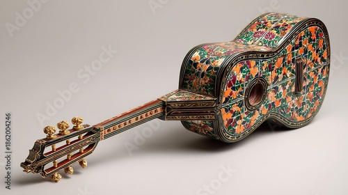 Ornate acoustic guitar with floral decoration and detailed design
