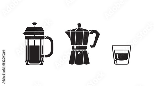 Coffee makers and cup in minimalist black silhouette on white background for coffee shop branding