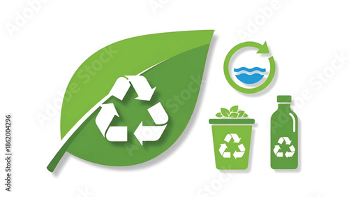 Large stylized green leaf with white recycling symbol, beside bins, bottle and circular water icons