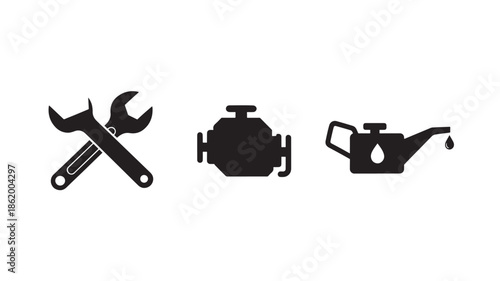 Tools and Machinery Icons in Simple Flat Design with Black Color on White Background for Web Graphics