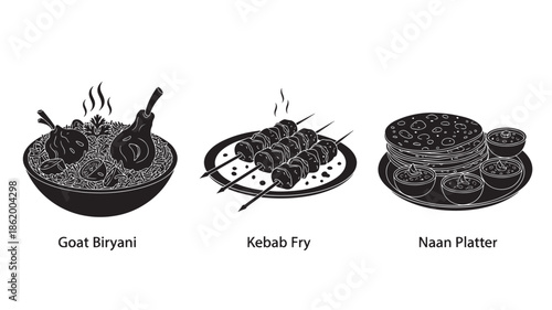 Traditional Indian dishes in monochrome illustration with steaming food in warm lighting for culinary blog