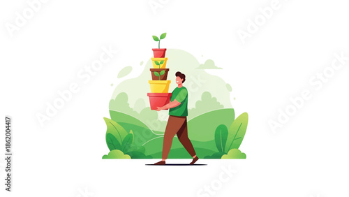 Man carrying stack of colorful plant pots with sprouting seedling, walking through green garden ever