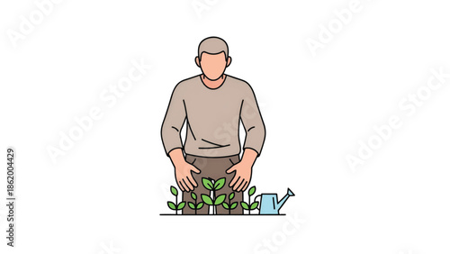 Man tending young seedlings with a watering can, nurturing small green plants in a calm scene indoors