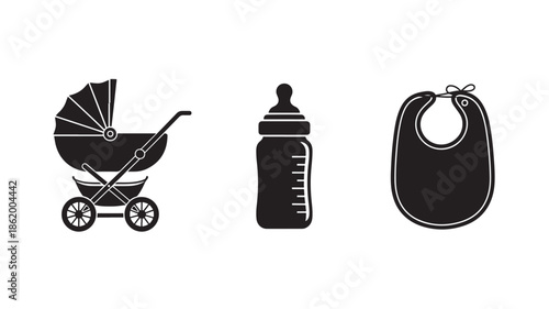 Baby Essentials Set in Simple Monochrome Style with Black Silhouette on White Background for Parenting