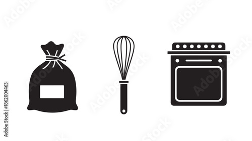 Baking ingredients and utensils in simple flat design with black color on white background for cooking icon set