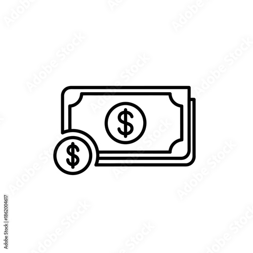 Outline of Dollar Bills and Coins for Financial and Business Concepts
