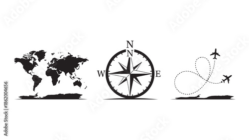 Travel symbols in minimalist black illustration with simple flat design for navigation and adventure