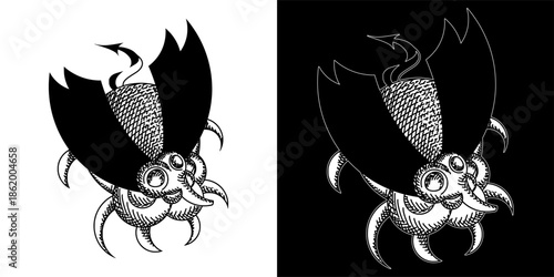 Abstract insect line art illustration with crosshatching technique in black and white inverted versions