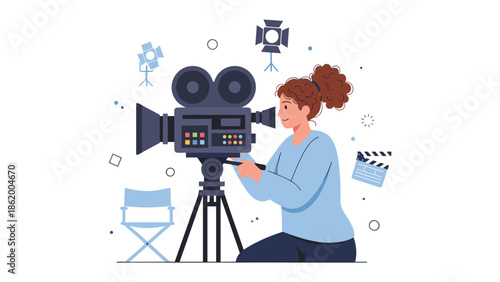 Professional female videographer kneeling to operate a high-quality video camera on a tripod, surrounded by essential filmmaking equipment and studio lights.