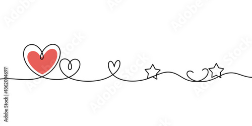 A whimsical line drawing of hearts and stars on a white background