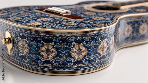 Acoustic guitar with floral ornamentation close up musical instrument design