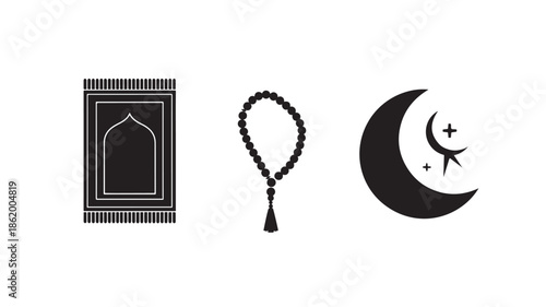 Islamic Symbols Set in Simple Flat Design with Black Color on White Background for Religious Illustration