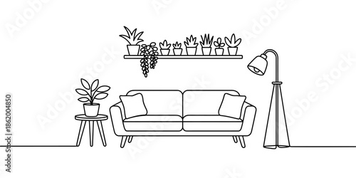 A minimalist living room with a couch, plants, and a lamp in a simple line drawing style.
