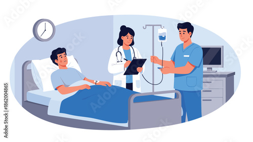 Compassionate hospital scene featuring a male patient resting in bed, attended by a caring female doctor and a male nurse adjusting an IV drip.