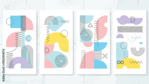 Vibrant memphis style geometric patterns on business cards