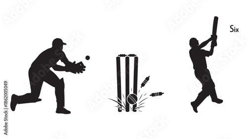 Cricket Players in Action Silhouette with Stumps and Ball in Dynamic Sports Illustration for Athletic Branding