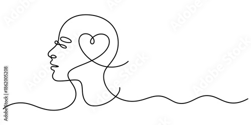 A minimalist line drawing of a human head with a heart in the brain, symbolizing love and emotions.
