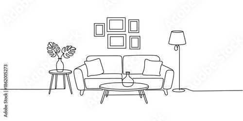A minimalist living room with a couch, coffee table, and lamp in a simple line drawing style.