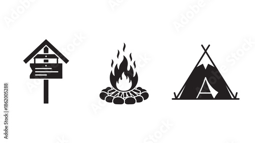 Camping icons in simple flat design with black color on white background for outdoor adventure