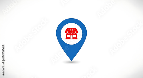 A blue map pin icon with a red store graphic on a white background