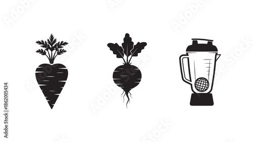 Beetroot and Blender Silhouettes in Simple Monochrome Style with Black Color on White Background for Healthy Eating Illustration