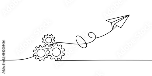 A minimalist line drawing of gears launching a paper airplane in a creative motion.