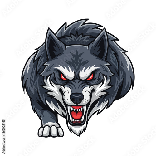 Aggressive cartoon wolf illustration with intimidating stare and open mouth