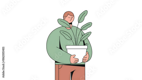Person in green sweater holding a white potted plant with broad leaves against white. minimalist art