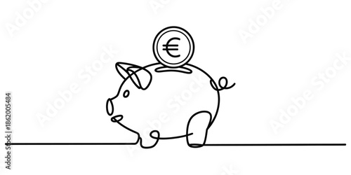 A simple line drawing of a piggy bank with a euro coin on top, symbolizing saving and financial planning.