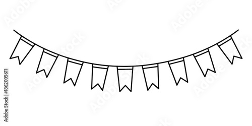 A simple line drawing of a festive banner with triangular flags hanging from a string.