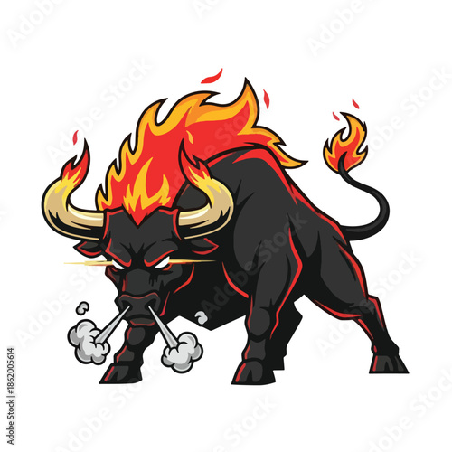 Aggressive black bull mascot illustration with flaming features and snorting smoke on white background
