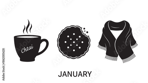 January symbols in minimalist black and white illustration with hot beverage and winter clothing for seasonal design