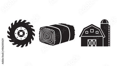 Farm Equipment Icons in Simple Monochrome Style with Bold Lines and Flat Design for Agricultural Business
