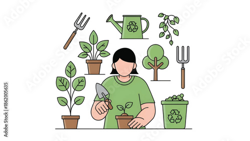 Person tending potted seedlings at a table, surrounded by plants, tools, watering can, bin composting