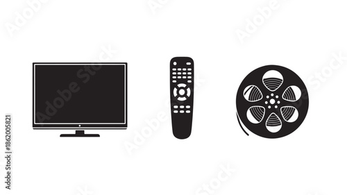 Television with remote control and film reel in simple flat design on white background for entertainment media