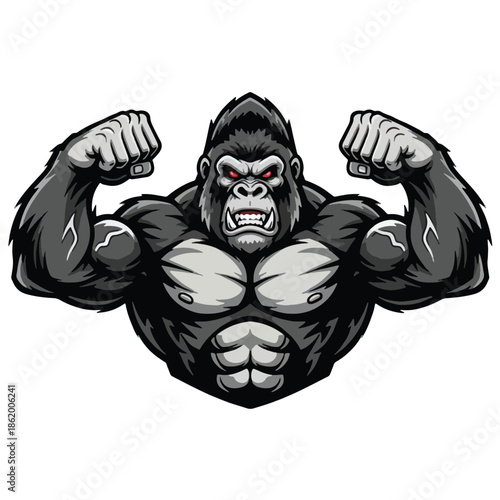 Powerful Muscular Gorilla Flexing Its Biceps with Intense Red Eyes