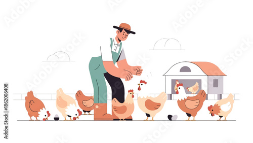 Smiling farmer in hat feeds a flock of hens near a coop on a bright, minimalist farm scene with eggs