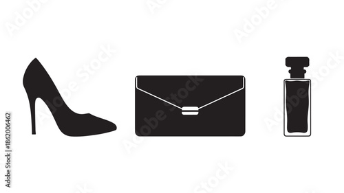 Luxury Womens Accessories Set in Minimalist Style with Black Silhouette and White Background for Fashion Advertising