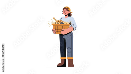Smiling farmer woman holding a woven basket overflowing with bread, wheat stalks and grains and nuts