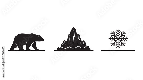 Winter Icons with Bear, Mountain, and Snowflake in Simple Black Silhouette on White Background for Seasonal Design