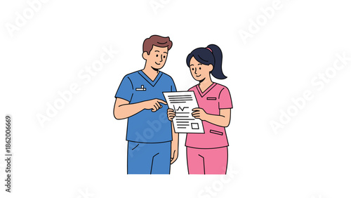 Two dedicated medical professionals, a male and female, in hospital scrubs, collaboratively reviewing and discussing a patient's important medical chart.