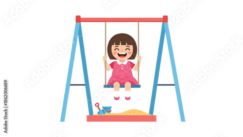 Smiling girl in pink dress swings above a sandbox with pail and shovel on a colorful swing set today