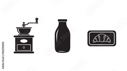 Coffee Grinder, Milk Bottle, and Scale Icons in Simple Monochrome Design for Web Use